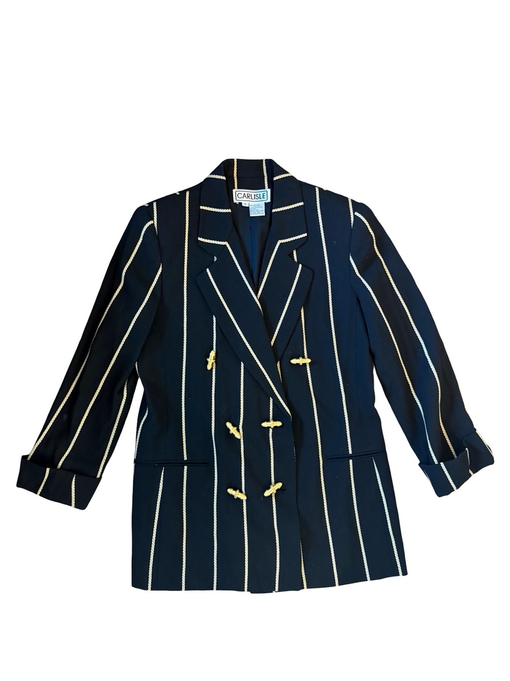 Carlisle Black Blazer with Cream Stripes and Gold Rope Toggles